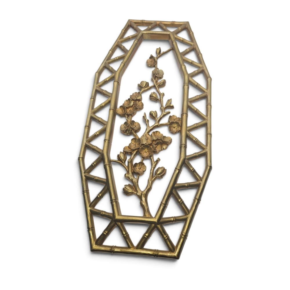 Vintage Faux Bamboo Wall Art Plaque Set Chinoiserie Floral Botanical MCM Decor - Picture 3 of 11